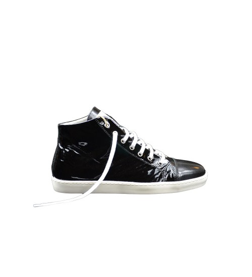 Handmade sneakers black shiny leather.